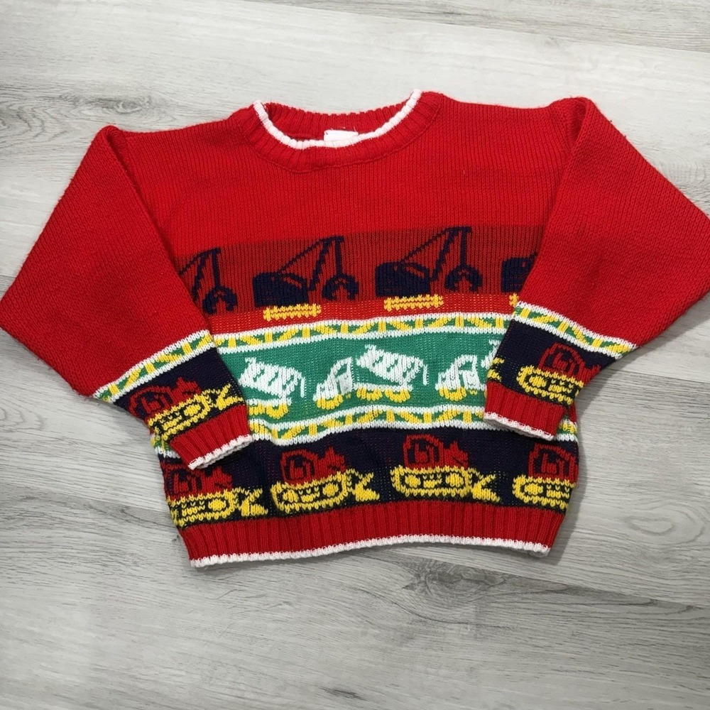Vintage Little Funk Kids Knit Sweater Construction Trucks Red Size Small
